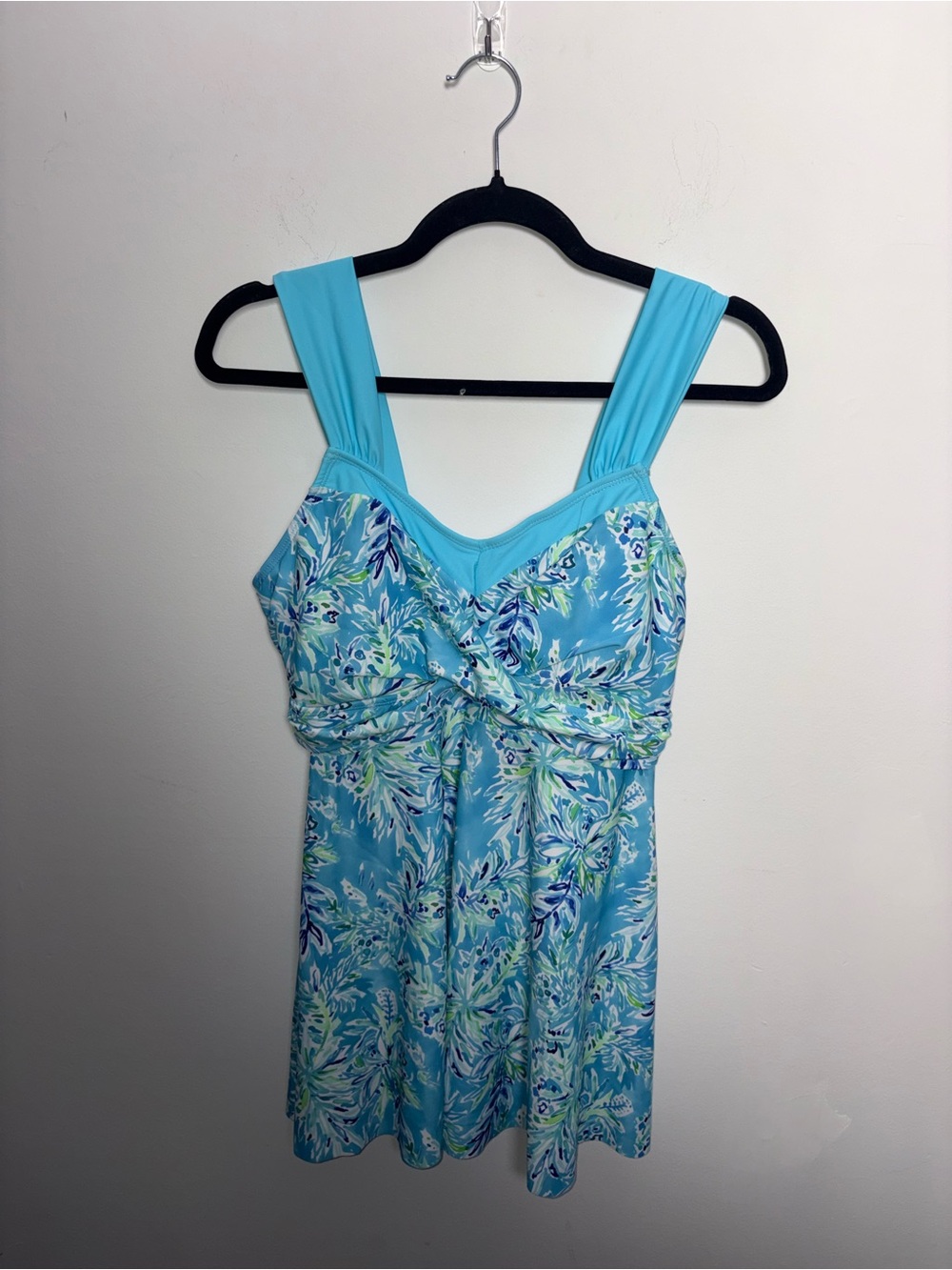 Blue Tropical Floral Twist-Front Swim Dress One-Piece Swimsuit Size L